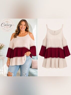 Boho Chic Umgee Cold Shoulder Color Block Tunic Top Boho Bell Sleeve Size L